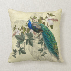 Cojín Decorativo Elegante Peacock Hibiscus Ephemera Vintage Amarill