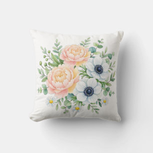 Cojín Decorativo Elegante peonía en acuarela y floral de anemona bl