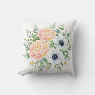Cojín Decorativo Elegante peonía en acuarela y floral de anemona bl