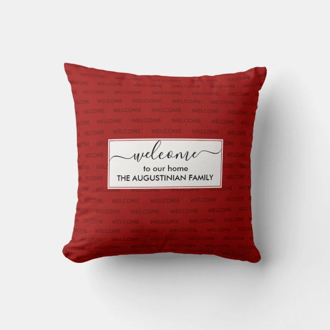 Cojín Decorativo Elegante Personalizado Rojo BIENVENIDO A NUESTRA C (Anverso)