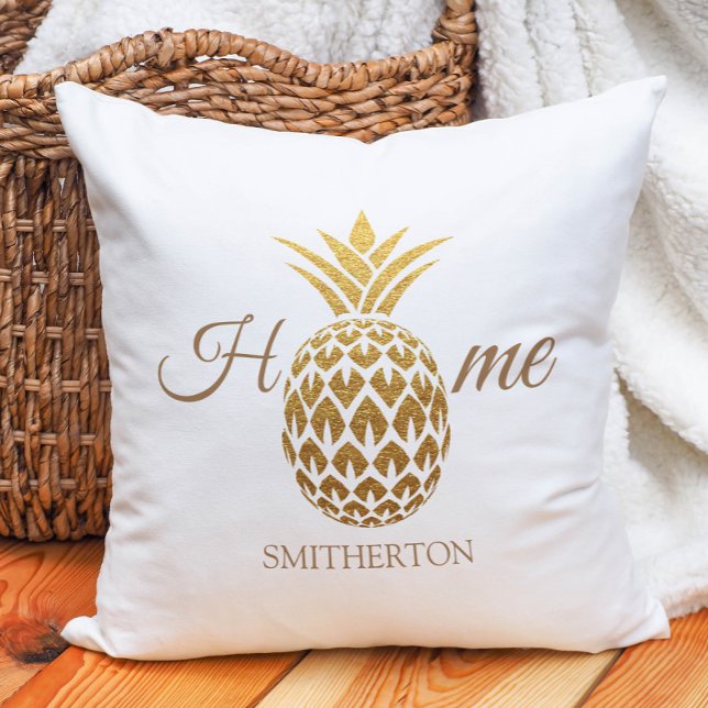 Cojín Decorativo Elegante Piña Dorada Moderna Hogar Blanco (Gold and white pineapple "Home" pillow)