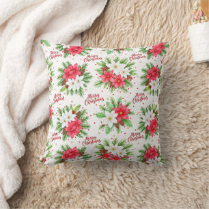 Cojín Decorativo Elegante Poinsettia de Acuarela Feliz Navidad