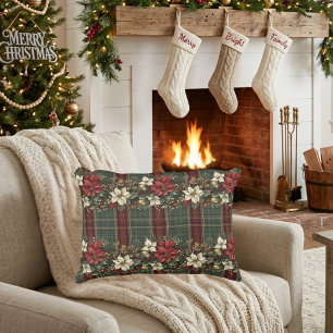 Cojín Decorativo Elegante Poinsettia de Cuadros Burgundy Navidad