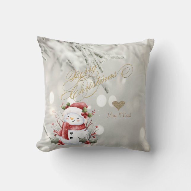 Cojín Decorativo Elegante Purpurina de oro Corazón Snowman (Anverso)