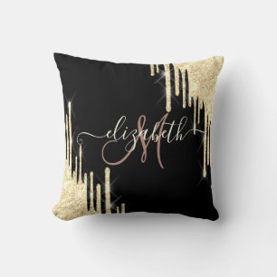 Cojín Decorativo Elegante Purpurina de oro gotea monograma negro