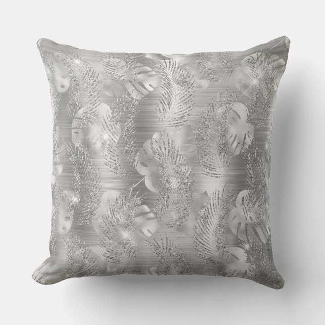 Cojín Decorativo Elegante Purpurina plateado de hojas de selva trop (Anverso)