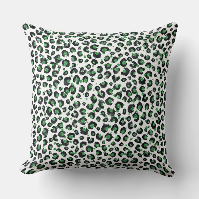 Cojín Decorativo Elegante Purpurina Verde Leopardo negro impresión  (Anverso)
