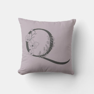 Cojín Decorativo Elegante Q Boho Floral Monograma Inicial Lila Gris