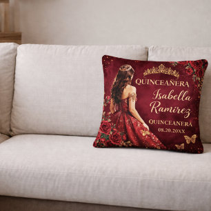 Cojín Decorativo Elegante Quinceañera Burgundy Dorado