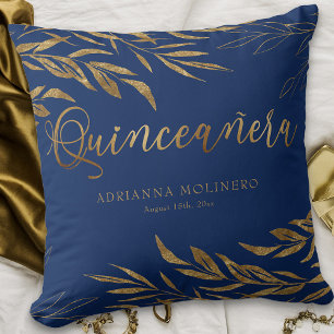 Cojín Decorativo Elegante Quinceañera Personalizada Azul y Oro