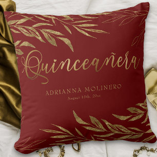 Cojín Decorativo Elegante Quinceañera Personalizada Rojo y Hoja de
