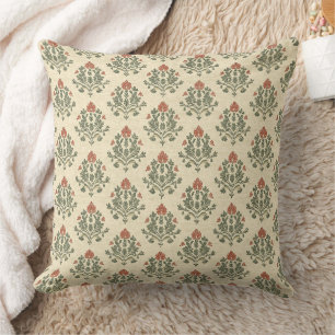 Cojín Decorativo Elegante Rojo Verde Damasco Antiguo Deteriorado