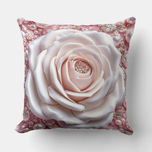 Cojín Decorativo Elegante Rosa Blanca y Perlas Rosadas Brillantes