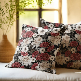 Cojín Decorativo Elegante Rosa Borgoña Patrón Floral Negro