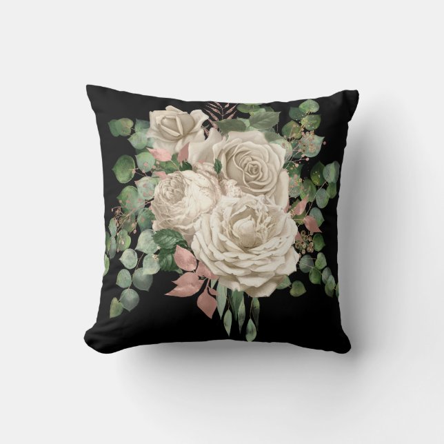 COJÍN DECORATIVO ELEGANTE ROSA DE CREMA EUCALYPTUS CUSHION NEGRO (Anverso)