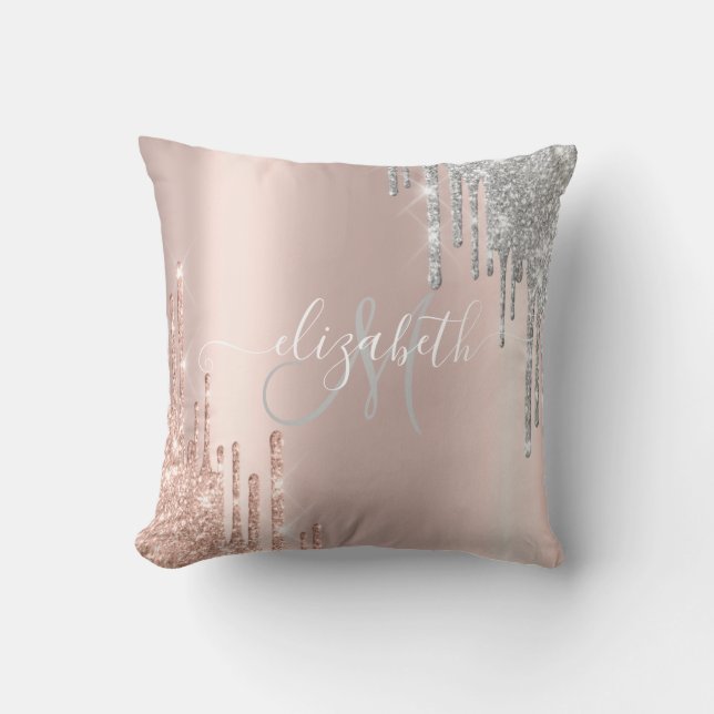 Cojín Decorativo Elegante Rosa de oro, Purpurina plateado goteo Mon (Anverso)