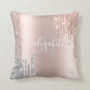 Cojín Decorativo Elegante Rosa de oro, Purpurina plateado goteo Mon