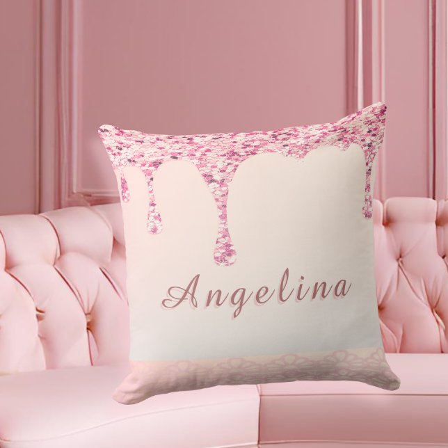 Cojín Decorativo Elegante Rosa Glam con Destellos en Goteo  (Customize this glam pink pillow for bridesmaids—perfect for bridal shower gifts and lounge decor.)