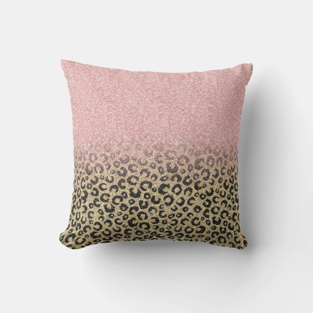 Cojín Decorativo Elegante Rosa Purpurina dorado Leopardo negro (Anverso)