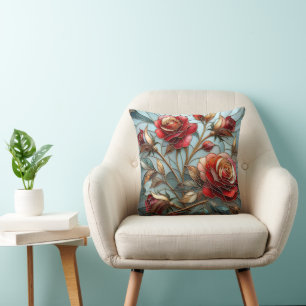 Cojín Decorativo Elegante Rosa Roja Vidrio Pintado Floral Acento Do