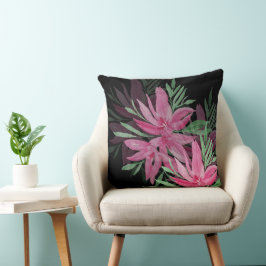 Cojín Decorativo Elegante Rosa y Negro Boho Floral Acuarela
