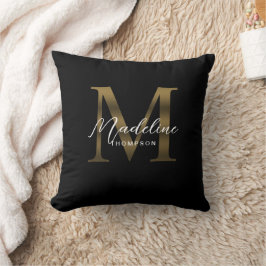 Cojín Decorativo Elegante Script Metallic Black Gold Monograma