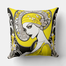 Cojín Decorativo Elegante Señora Amarilla y Art Nouveau Negro