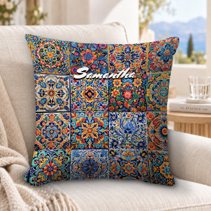Cojín Decorativo Elegante talavera mexicana baldosas rojas amarilla