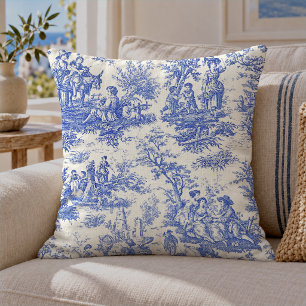 Cojín Decorativo Elegante Toile de Jouy Azul Vintage Francés