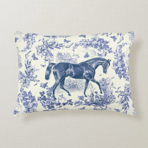 Cojín Decorativo Elegante Toile Floral Azul Blanco Caballo Vintage