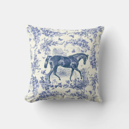 Cojín Decorativo Elegante Toile Floral Azul Blanco Caballo Vintage