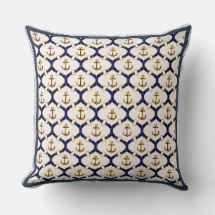 Cojín Decorativo Elegante Trellis de Ancla Naval Azul y Dorado