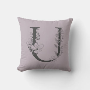 Cojín Decorativo Elegante U Boho Floral Monograma Inicial Lila Gris