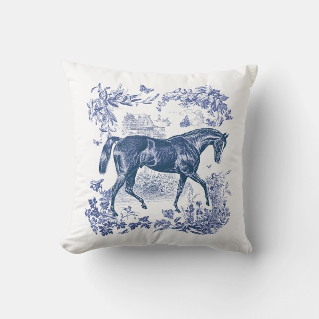 Cojín Decorativo Elegante Viejo Rústico Azul Horse Country Toile (Anverso)