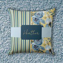Elegante Vintage Monograma Azul Oro Banda Floral