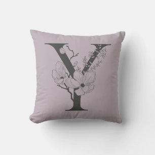 Cojín Decorativo Elegante Y Boho Floral Monograma Inicial Lila Gris