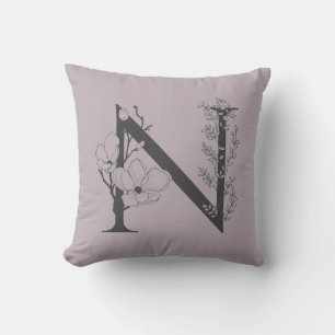 Cojín Decorativo Elegante y Boho Floral Monograma Inicial Lila Gris