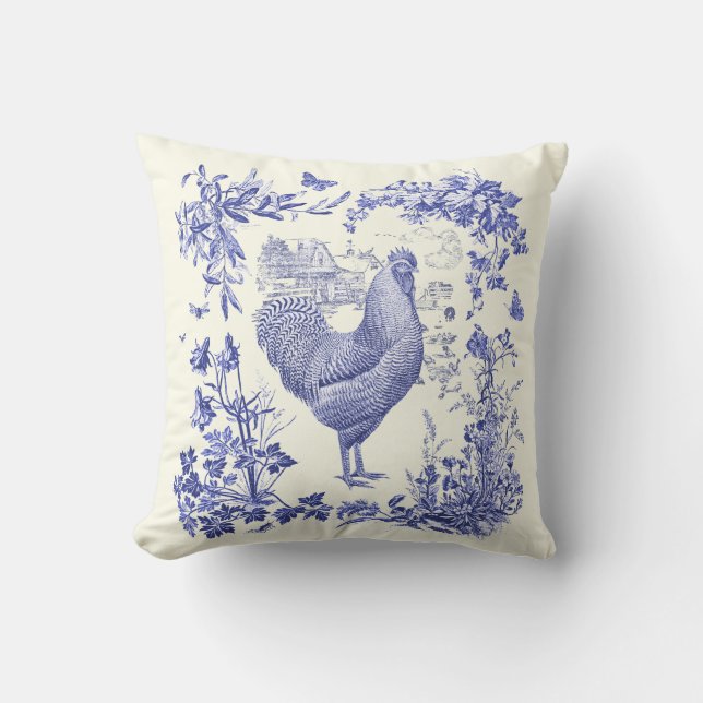 Cojín Decorativo Elegante y elegante gallo de gallo azul floral (Anverso)