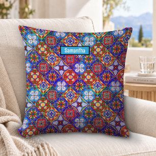 Cojín Decorativo Elegantes baldosas mexicanas talavera rojas azules