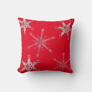 Cojín Decorativo Elegantes copos de nieve plateados rojo