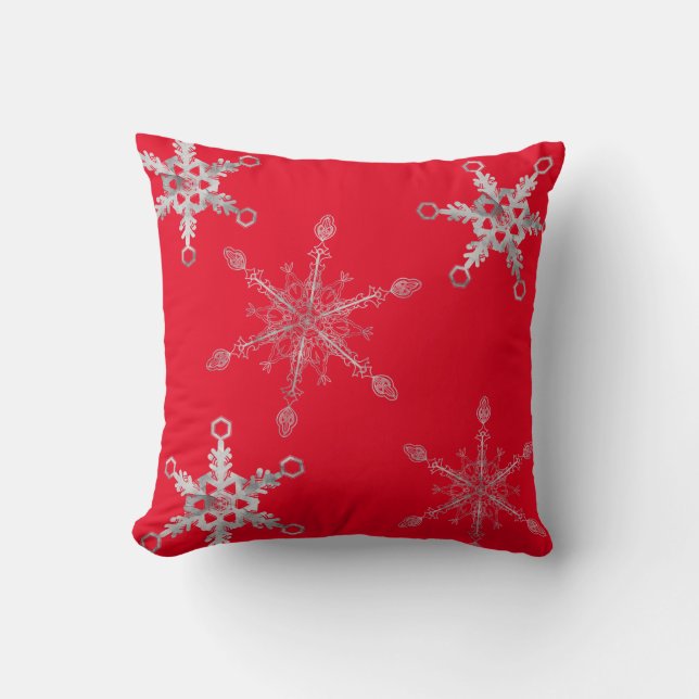 Cojín Decorativo Elegantes copos de nieve plateados rojo (Anverso)