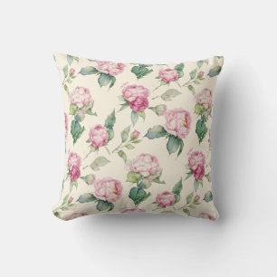Cojín Decorativo Elegantes flores de peonía y rosa en acuarela rosa