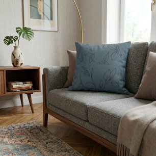 Cojín Decorativo Elegantes Hojas Botánicas Simples Sobre Azul