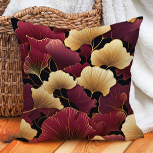 Cojín Decorativo Elegantes hojas de Ginko en burgundy y dorado sobr