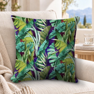 Cojín Decorativo Elegantes hojas verdes tropicales patrón púrpura