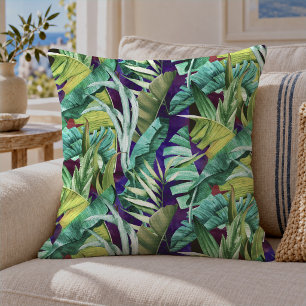 Cojín Decorativo Elegantes hojas verdes tropicales patrón púrpura