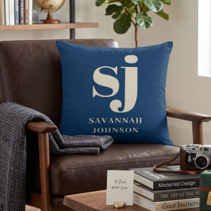 Cojín Decorativo Elegantes iniciales de monograma en azul marino