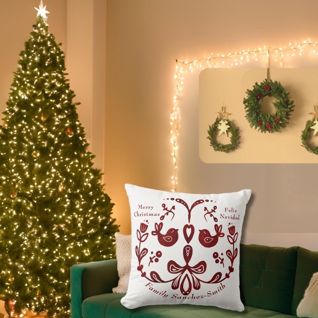 Cojín Decorativo Elegantes Navidades Bilingües de Borgoña (Christmas Bilingual Spanish Feliz Navidad thow pillow, custom & familiy name multilingual Project)