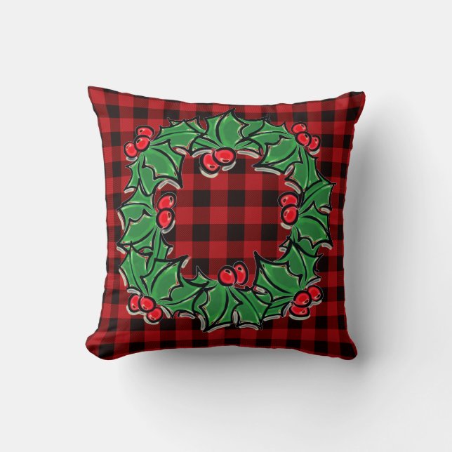 Cojín Decorativo Elegantes Navidades clásicos Red Plaid Holly berri (Anverso)