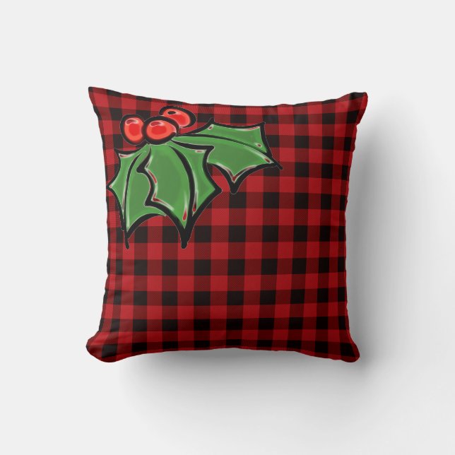 Cojín Decorativo Elegantes Navidades clásicos Red Plaid Holly berri (Anverso)